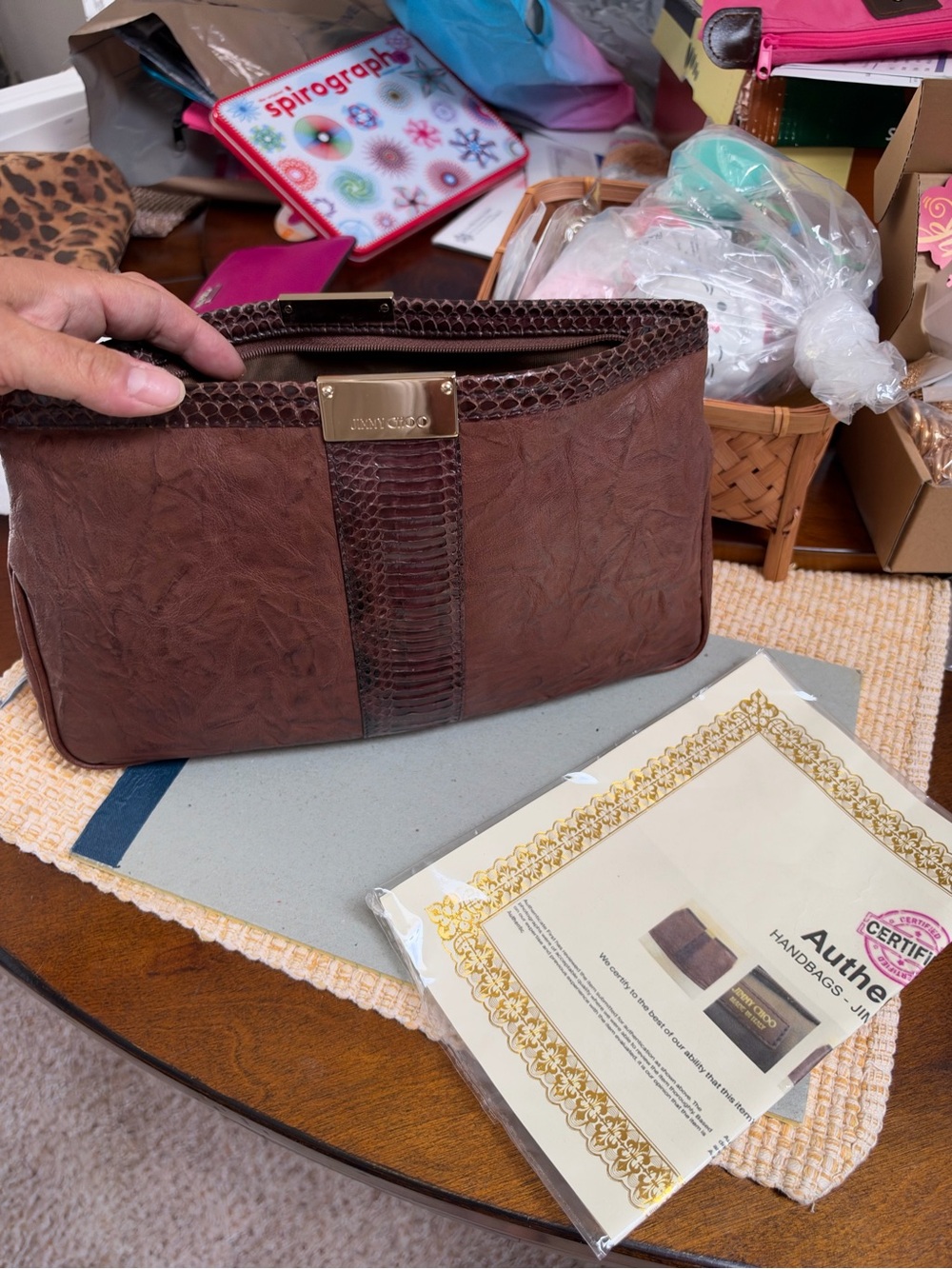 Jimmy Choo Zulu Brown Leather and Snake Print Stripe Clutch